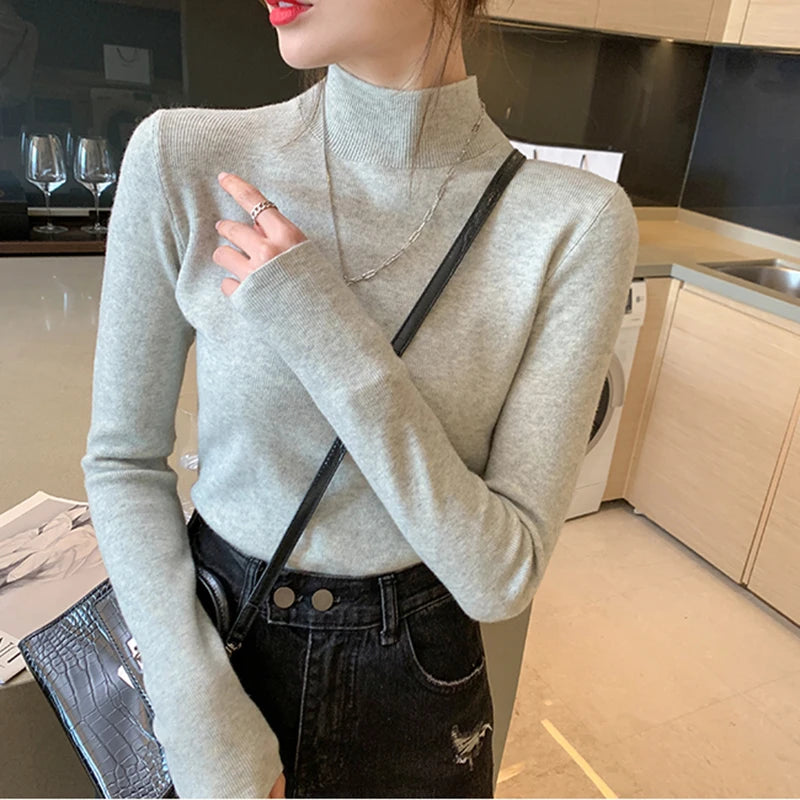 AOSSVIAO Turtleneck Sweater Women Fashion 2024 New Stretch Tops Women Knitted Pullovers Long Sleeve Bottoming Knitted Sweater