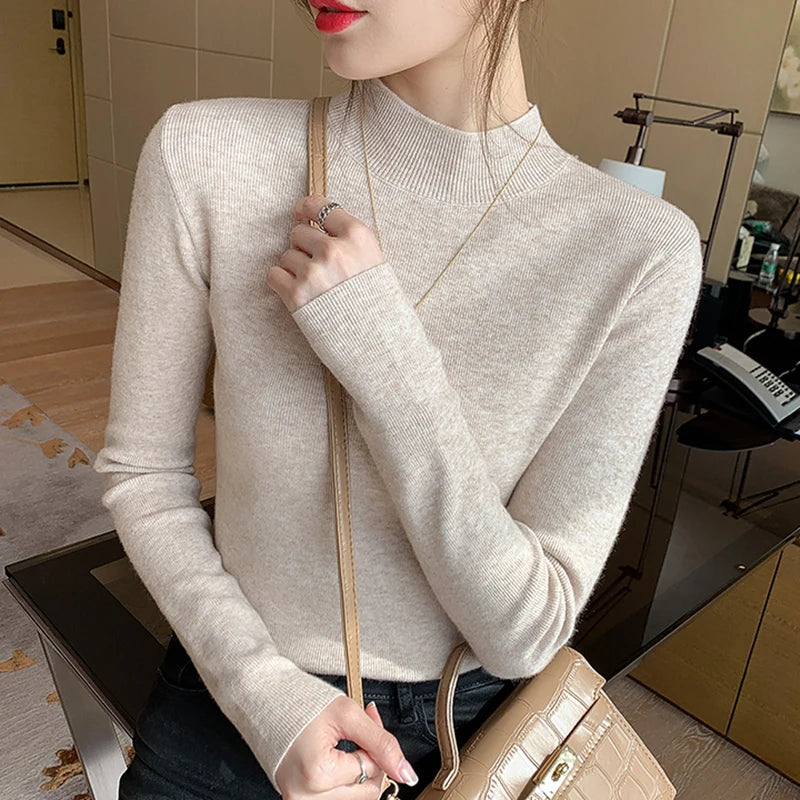 AOSSVIAO Turtleneck Sweater Women Fashion 2024 New Stretch Tops Women Knitted Pullovers Long Sleeve Bottoming Knitted Sweater