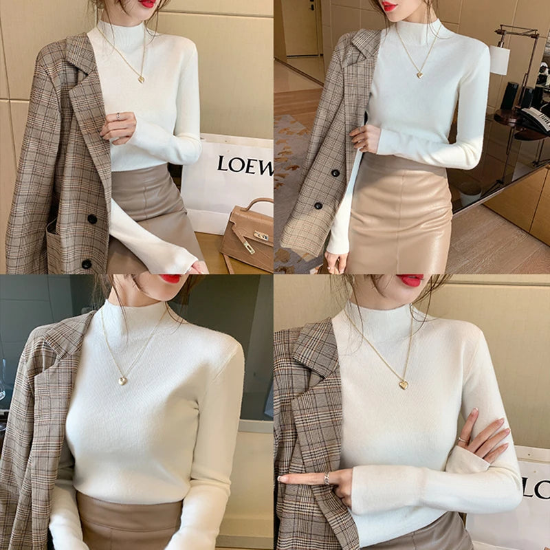 AOSSVIAO Turtleneck Sweater Women Fashion 2024 New Stretch Tops Women Knitted Pullovers Long Sleeve Bottoming Knitted Sweater