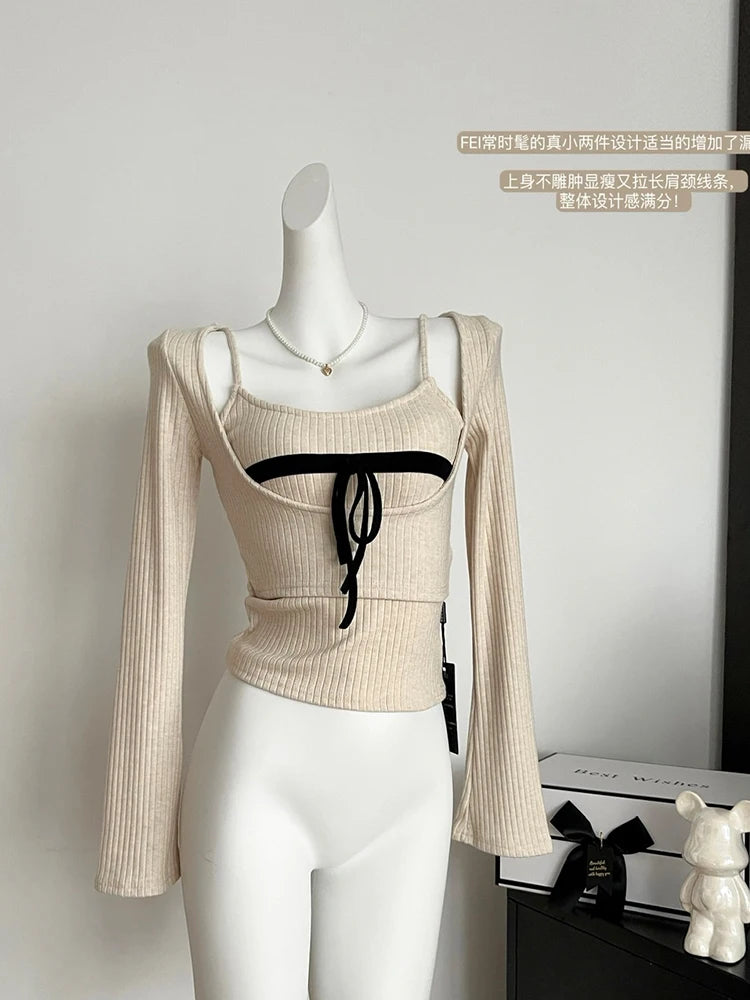 Fall Winter Woman Korean Fashion Coquette Two Piece Sets Cropped Sweater Pullovers Tops Jumper Design Gyaru Knitwears 2000s Tide