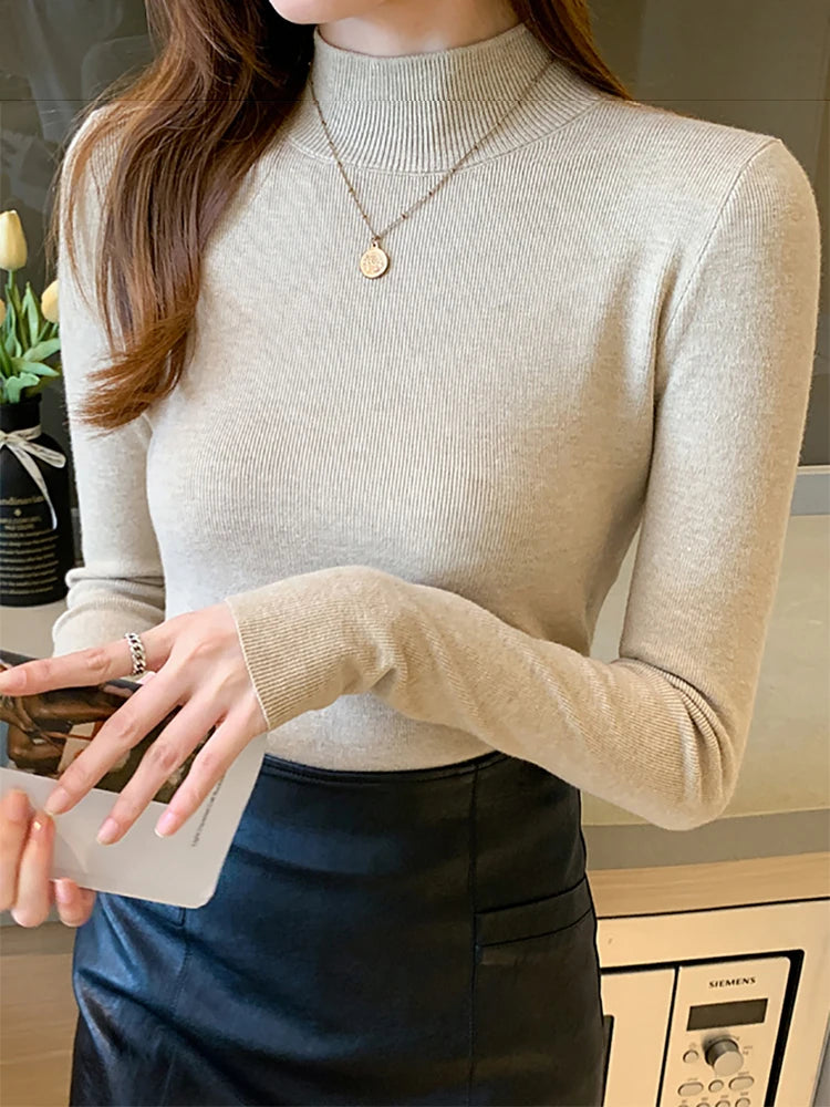 AOSSVIAO Turtleneck Sweater Women Fashion 2024 New Stretch Tops Women Knitted Pullovers Long Sleeve Bottoming Knitted Sweater