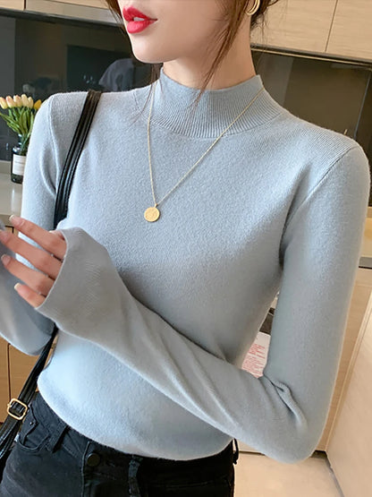 AOSSVIAO Turtleneck Sweater Women Fashion 2024 New Stretch Tops Women Knitted Pullovers Long Sleeve Bottoming Knitted Sweater